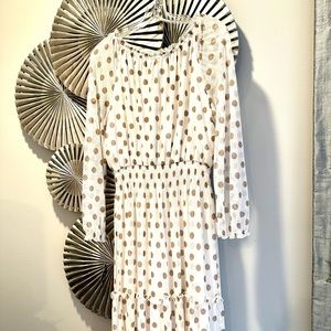 White and khaki polkadot dress